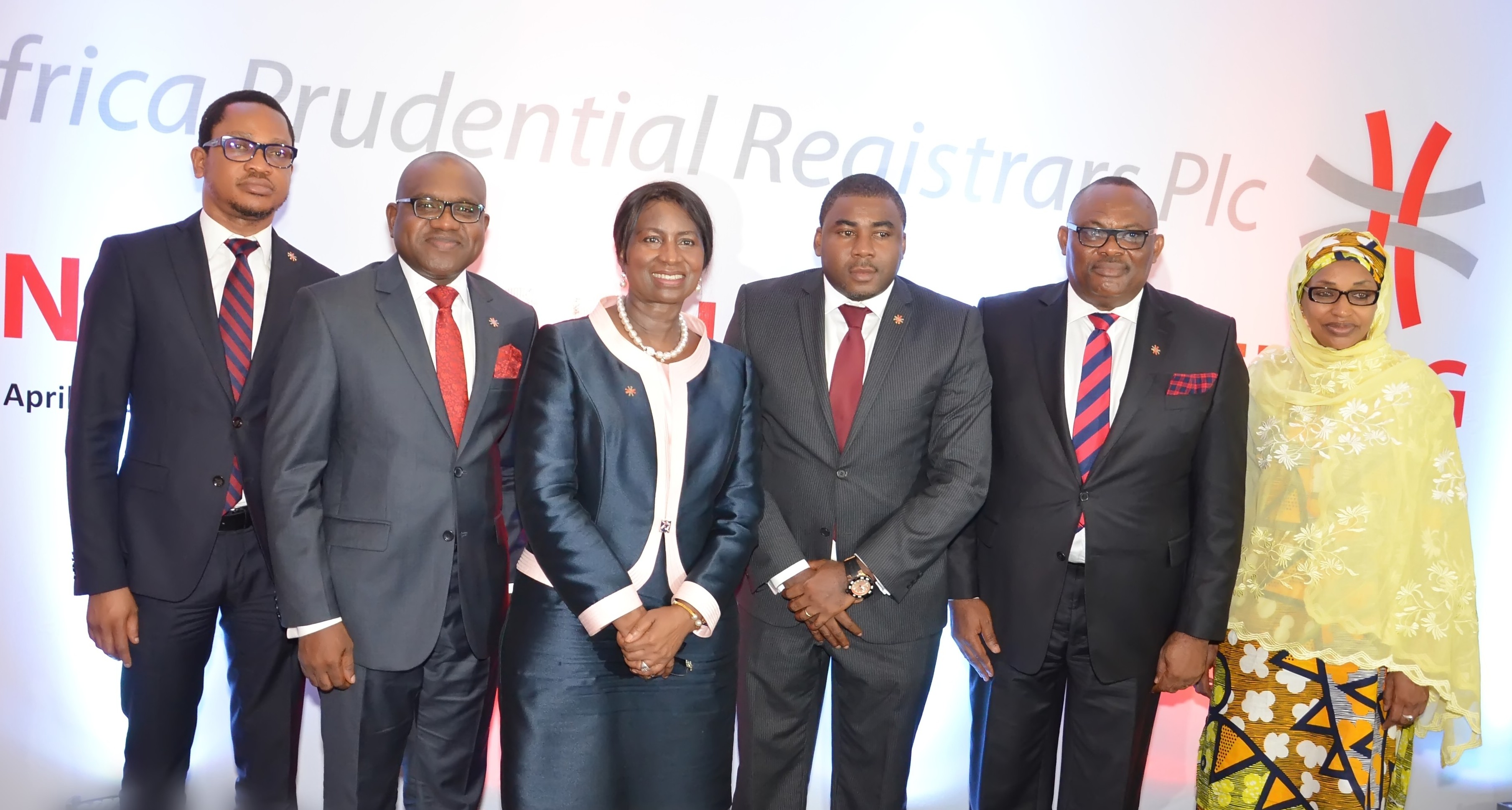 The Board of Directors of APR Plc: Chief (Mrs.) Eniola Fadayomi (Chairman) (3rd left), flanked from left by Mr. Sam Nwanze (Non-Executive Director), Mr. Peter Ashade (Managing Director/CEO), Mr. Musa Bello (Company Secretary/Legal Adviser), Mr Peter Elumelu (Non-Executive Director), and Ammuna Lawan Ali (Non-Executive Director, Independent).