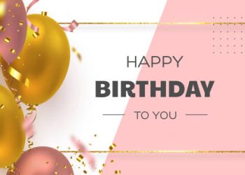 Happy Birthday holiday banner with glittering golden frame, 3d realistic glossy balloons and falling confetti. White and pink background. Vector template for greeting card, poster.